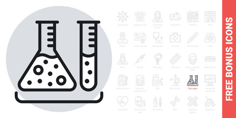 Test tubes icon. Laboratory equipment concept. Simple black and white version. Free bonus icons kit included - obrazy, fototapety, plakaty