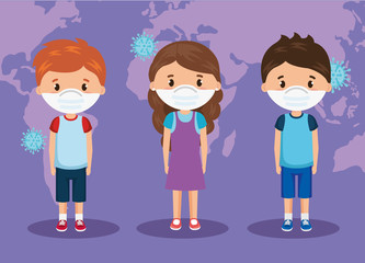 Fototapeta premium cute group children using face mask vector illustration design