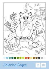 Colorless vector contour image of a raccoon sitting on a stump and eating an apple isolated on white background.