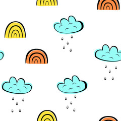 Seamless pattern with rainbows and clouds. Vector illustration.