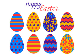Easter eggs for easter day sweet and colorful with decoration patterns on white background. Set of colourful decorated  Easter Eggs for use in Easter designs. Vector illustration.