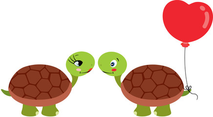 Couple of turtles in love with heart red