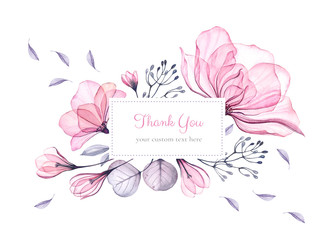 Watercolor floral Thank you card template. Bouquet with big pink roses and custom text. Isolated hand drawn illustration with abstract background for logo, wedding stationery