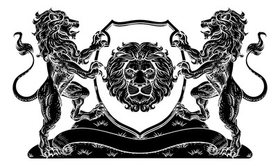 A crest coat of arms family shield seal featuring lions and knights crowned helmet