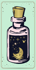 Fototapeta premium witch's magic potions, moon and stars in a jar, mystical drawing: human hands hold the moon. Sacred geometry. ector illustration Print, poker, t-shirt, postcard.