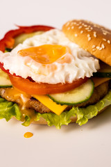 Burger with vegetables and egg on the white background isolated