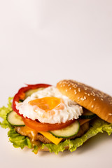 Burger with vegetables and egg on the white background isolated
