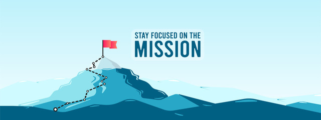 Flag on the mountain peak. Business concept of goal achievement or success. Flat style vector illustration