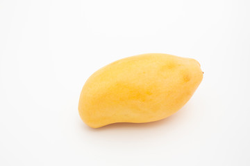 Close up one ripe yellow mango popular of fruit slices product isolated mockup on white background concept for summer tropical juice taste breakfast image. Eating fresh healthy organic food.