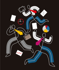 Deadline, chaos in Business, people in a hurry. 
Three business people in stress running around with papers, lineart stylized. Isolated on black background. Vector available.