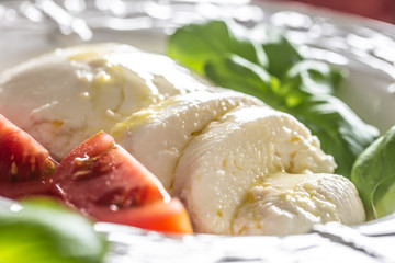 Mozzarella cheese tomatoes basil and olive oil. Caprese salad - italian or mediterranean meal or appetizer