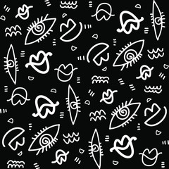 Hand drawn seamless pattern, eyes lips element design, abstract background, black and with design wallpaper. Vector illustration.