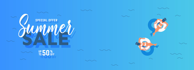 Top view of a girl in a swimsuit on a swimming circle in a swimming pool or the sea with a copyspace for a banner, poster or article. Summer sale concept