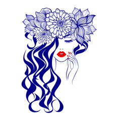 Beautiful woman face red lips, hand with red manicure nails, long curly hair, stylish hairstyle. Beauty Logo. Vector illustration, diadem flowers, floral motive, spa salon, nails studio.