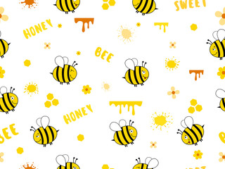 Seamless Pattern with flying bees.
Vector cartoon cut black and yellow bees isolated on white background. 