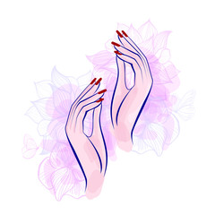Hand with red manicure nails. Beauty Logo, nails art. Vector illustration, diadem flowers, butterflies, abstract flowers, spa salon, sign, symbol, nails studio. Watercolor background. - obrazy, fototapety, plakaty
