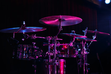 Drum set on rock concert stage.Professional musical instruments for drummer musician