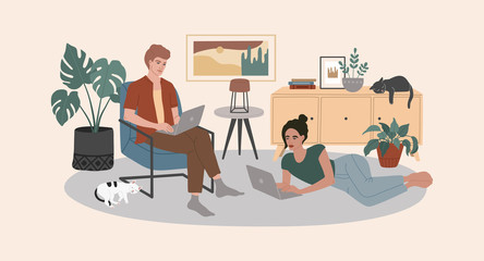 A young family, women and man work remotely during quarantine at home. Stay safe, Covid-19, coronavirus. Comfortable apartments, freelance online job, a cozy interior. Vector illustration, flat style