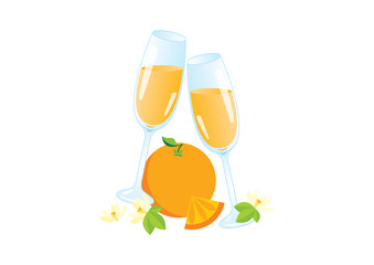 Glasses of champagne with orange icon vector. Mimosa celebratory toast vector. Mixed drink with orange juice icon. Mimosa drink icon isolated on a white background
