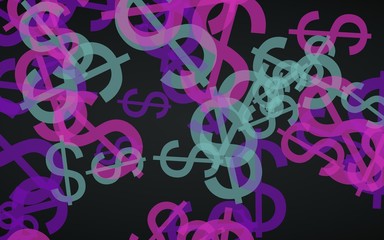Multicolored translucent dollar signs on dark background. Red tones. 3D illustration