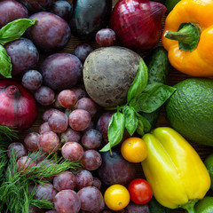 Colorful assortment of fruit and vegetables, healthy natural products.