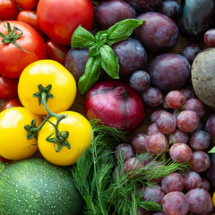 Colorful assortment of fruit and vegetables, healthy natural products.