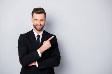 Portrait of smart confident man entrepreneur company owner point index finger suggest select promo...