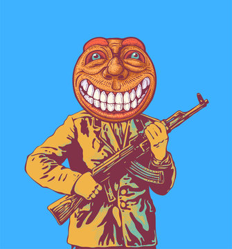 An officer with a Kalashnikov assault rifle and with a happy emoticon instead of his head. Vector illustration.