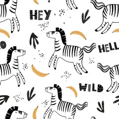Vector hand-drawn colored childish seamless repeating simple flat pattern with zebras and bananas in Scandinavian style on a white background. Cute baby animals. Pattern for children with animals. 