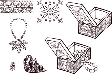 Bright set of women's ethnic jewelry: beads and earrings. Hand-drawn. Vector