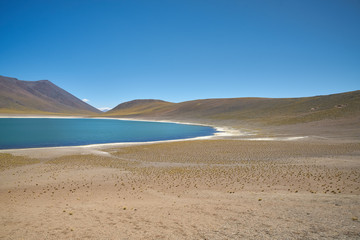 Shore & and surrounding of Miniques Lagoon. Flamingos National Reserve Conaf. San Pedro de Atacama, Antofagasta - Chile. Desert. Andes Range & Route 23.