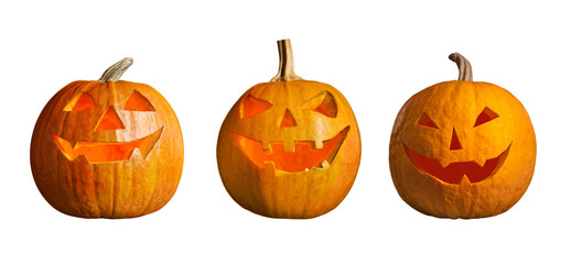 Set of halloween pumpkin head jack lanterns on white background. Banner design