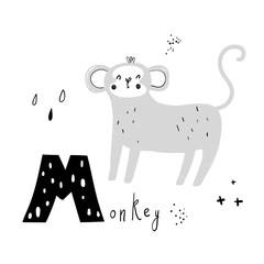 Fototapeta premium Vector hand-drawn baby illustration with monkey and letter M. ABC book. Cute zoo alphabet with funny animals. Letters. Learn to read. Isolated. For kids. Alphabet. Letter M. 