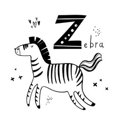 Vector hand-drawn baby illustration with zebra and letter Z. ABC book. Cute zoo alphabet with funny animals. Letters. Learn to read. Isolated. For kids. Alphabet. Letter Z.
