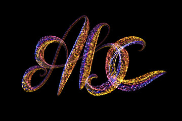 ABC - The capital letters handwritten made of multicolored luminous circles isolated on black background