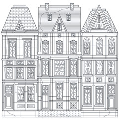 European buildings. House.Coloring book antistress for children and adults. Illustration isolated on white background. Black and white drawing.Outline style.