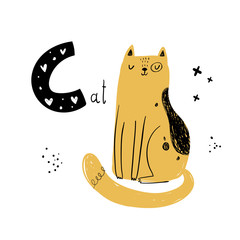 Vector hand-drawn baby illustration with cat and letter C. ABC book. Cute zoo alphabet with funny animals. Letters. Learn to read. Isolated. For kids. Alphabet. Letter C.
