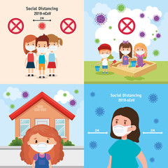 set scenes of children using face mask vector illustration design