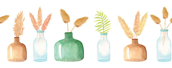 Hand-drawn watercolor seamless border with dried flowers in vases. Glass bottles with pampas grass and palm leaves isolated on white background.
