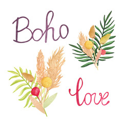 Hand drawn watercolor set with bouquets in boho style isolated on white background. Lettering 