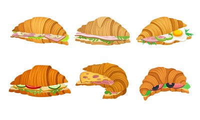 French Crunchy Croissants with Different Stuffing Like Sliced Bacon and Cheese Vector Set