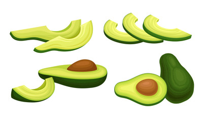 Bright Green Avocado Berry Whole and Halved with Large Seed Vector Set