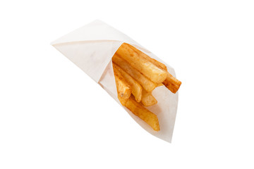 French fries in a gift wrapping on a white background (close)