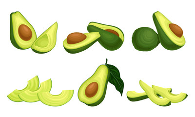 Bright Green Avocado Berry Whole and Halved with Large Seed Vector Set