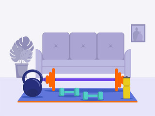 Flat vector illustration: home sports equipment. Kettlebell, dumbbell, barbell, water bottle.