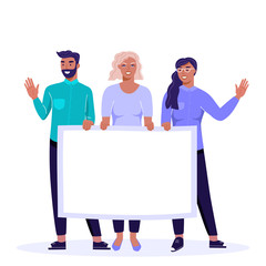 Group of people holding horizontal empty cardboard with copy space for text. Team holding announce poster. Vector illustration for marketing.