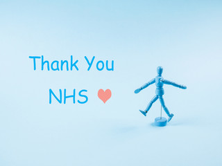 Thank you card for NHS staff, doctors and nurses who save lives every day. Toy person walking.
