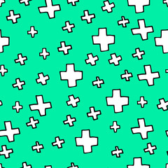 Seamless medical pattern. Black Outline white crosses isolated on a green blue background. Vector picture with pharmaceutical hand-drawn elements. Illustration for wallpaper, wrapping paper, textile