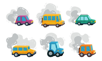 Cars on the Road Throwing Out Smoke Vector Set