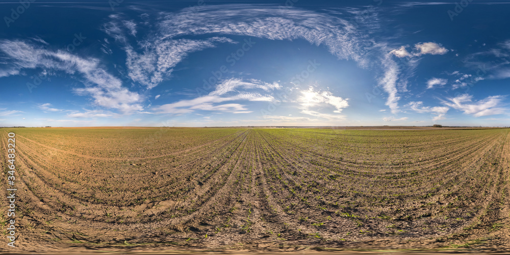Wall mural full seamless spherical hdri panorama 360 degrees angle view among fields in spring day with awesome